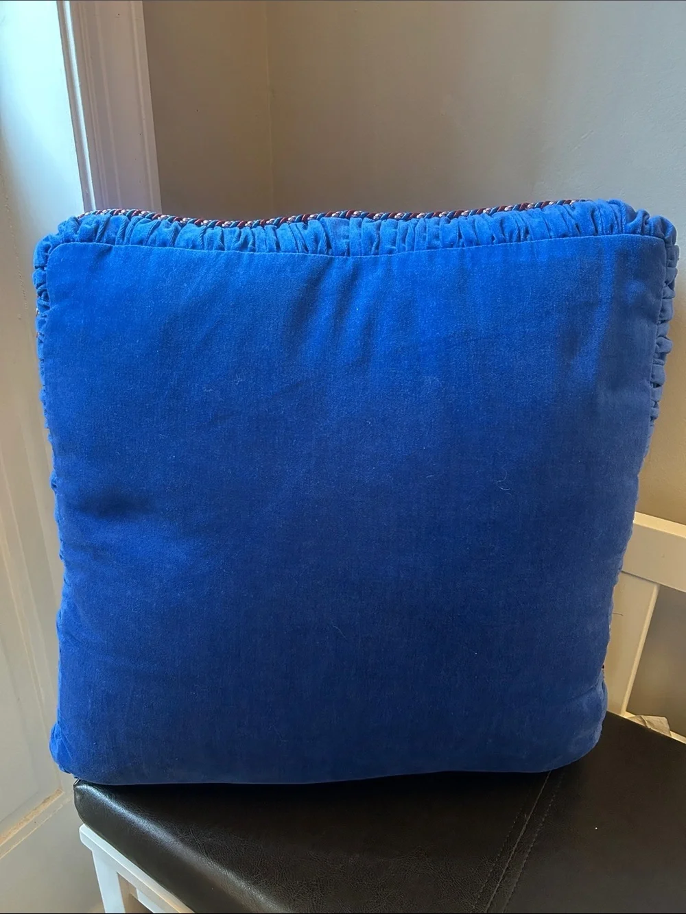 Beautiful Needlepoint Scenic Countryside Pillow  Blue Velvet Back & Lux Cording